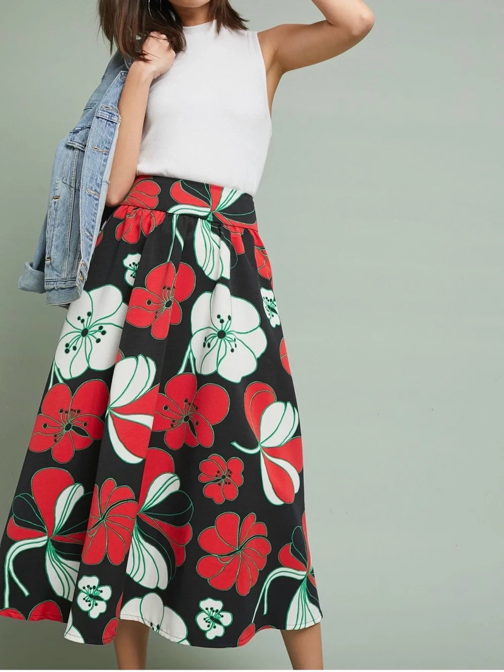 Anthropologie Black Midi Skirt with Red and White Floral Print